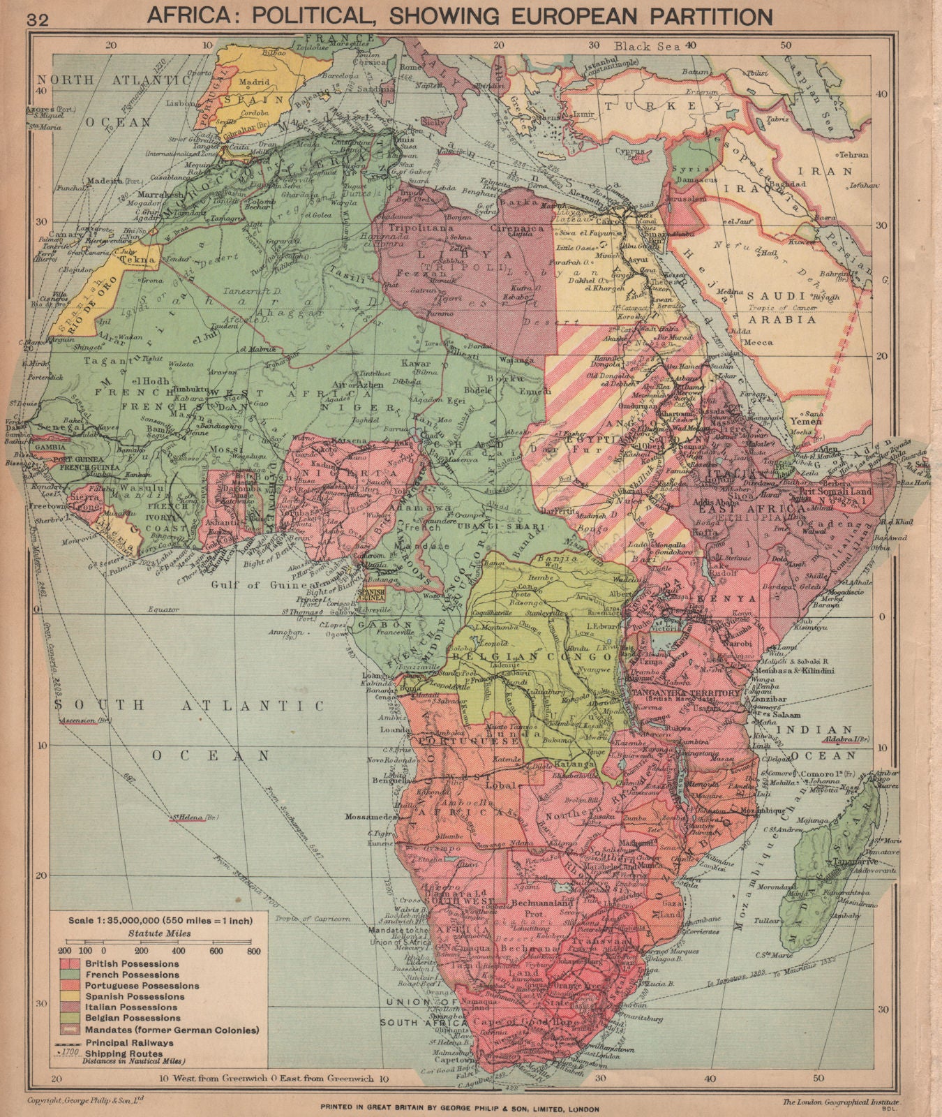 SECOND WORLD WAR AFRICA. Showing European colonies & German mandates 1940 map
